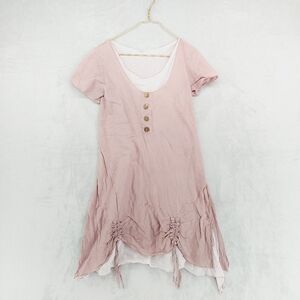 Boutique Scoop Neck Short Sleeve Buttons Pink Cotton Mini Dress P5223